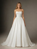 White BallGown Strapless Matte Satin Wedding Dress for Women