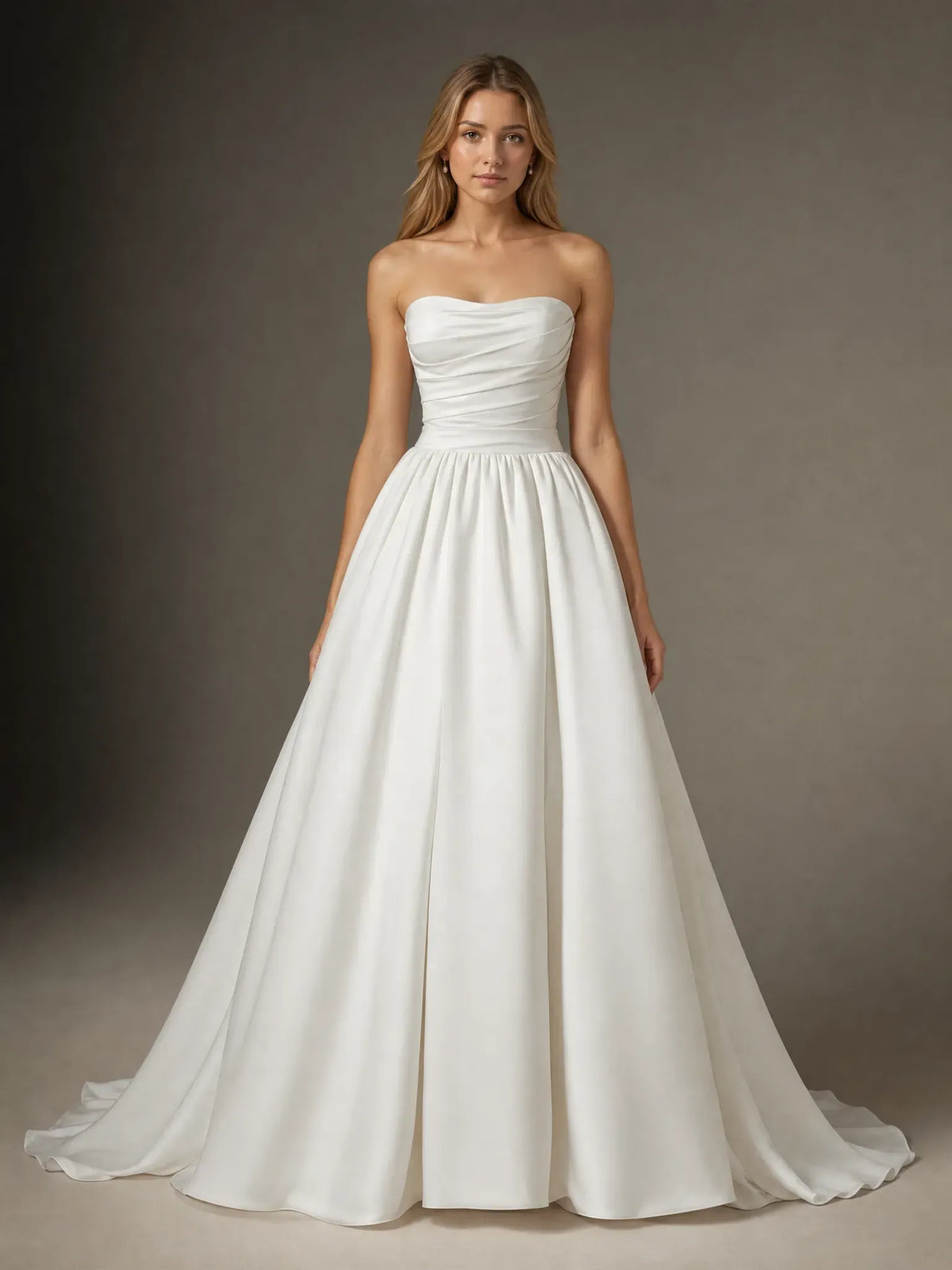 White BallGown Strapless Matte Satin Wedding Dress for Women